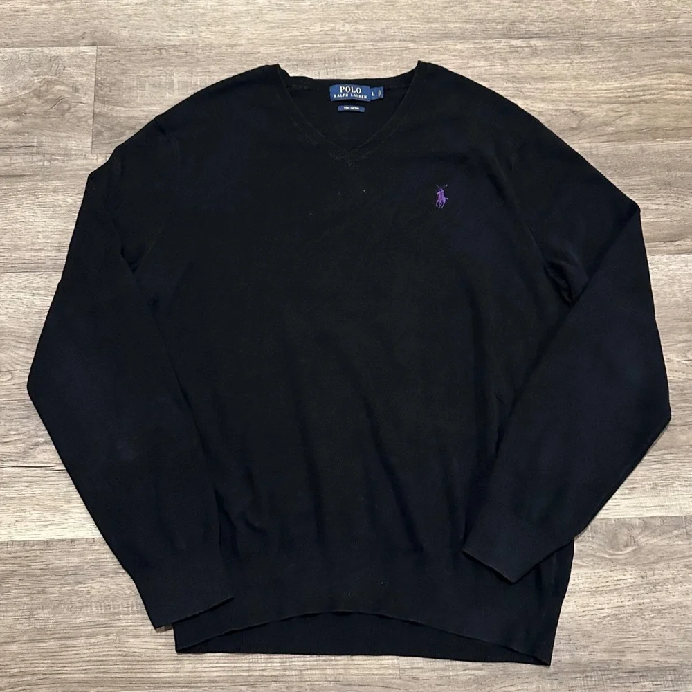 Polo Ralph Lauren Sweater Mens L Black Pima Cotton V-Neck Purple Pony Pullover